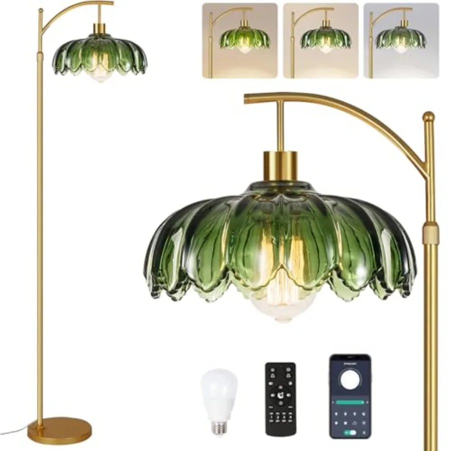 

Gold Floor Lamps for Living Room Vintage Green Floor Lamp with Remote Control and Glass Lampshape, Dimmable Mid Century Modern