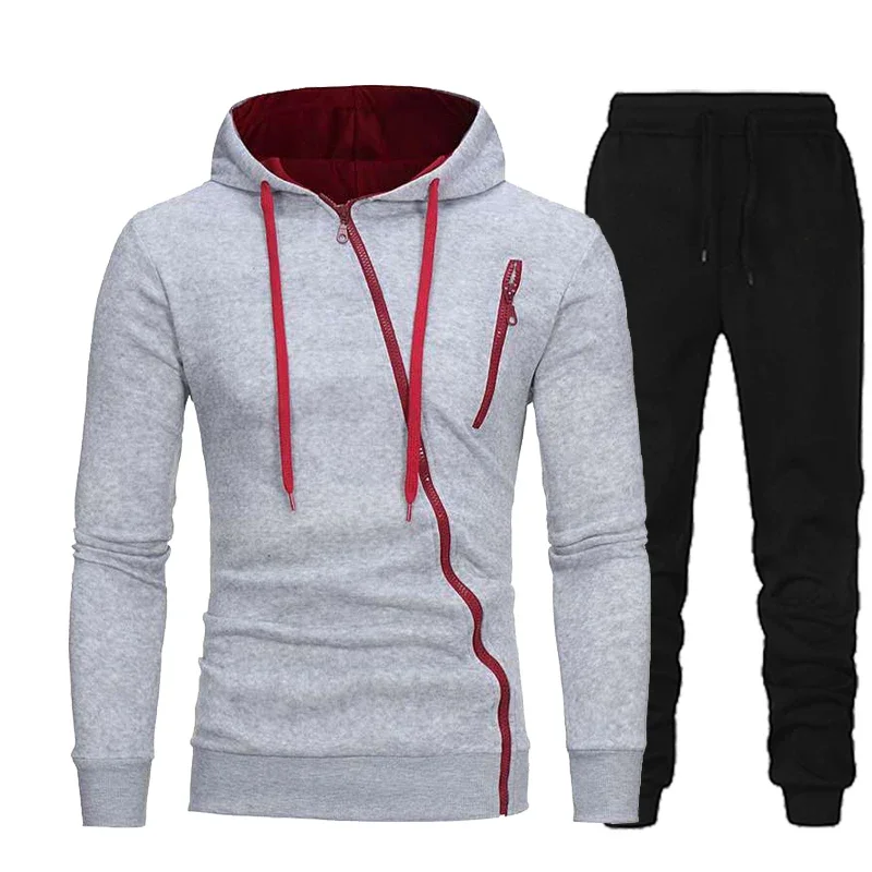 Man Hoodie Two Piece Set Tracksuit Men Diagonal Zipper Sweatshirts for Men Casual Fashion Suits Personality Sweatsuit Daily 2024