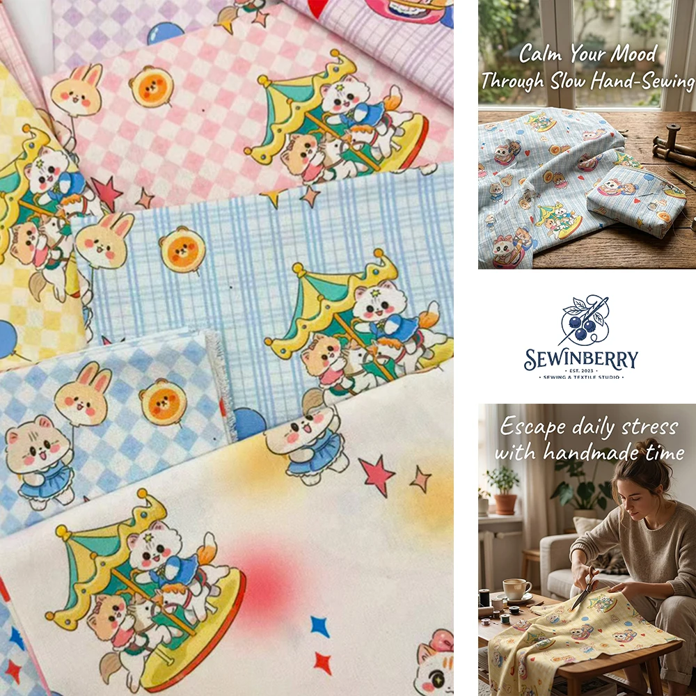 Cute Carousel Cat Rabbit Bear Check Print Cotton Fabric Stress Relief DIY Sewing Material For Girls Dress Kids Pouch Nursery