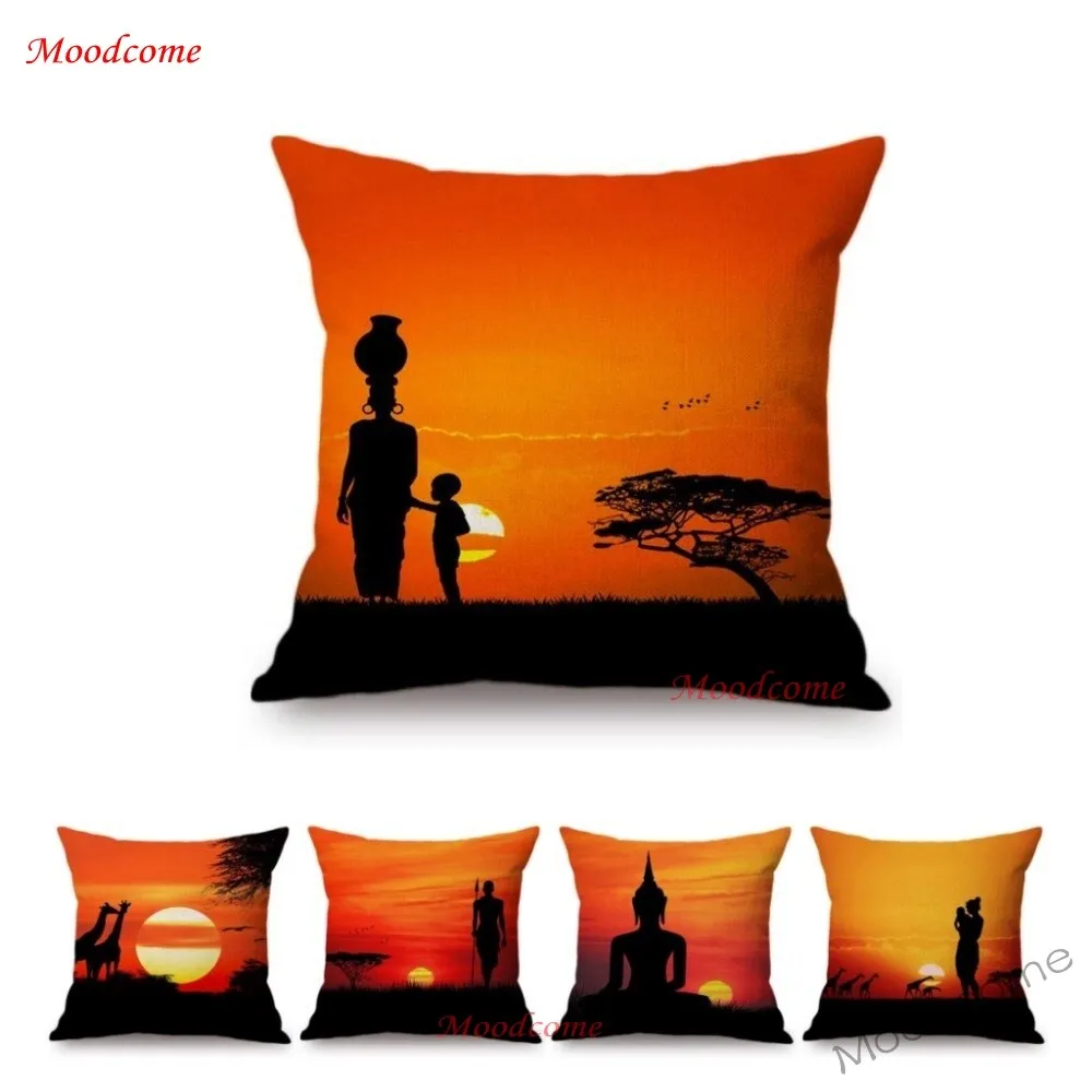 Sunrise Sunset in Africa Scene Sofa Throw Pillow Case Beautiful Animal Giraffe African Woman in Sun Setting Art Cushion Cover