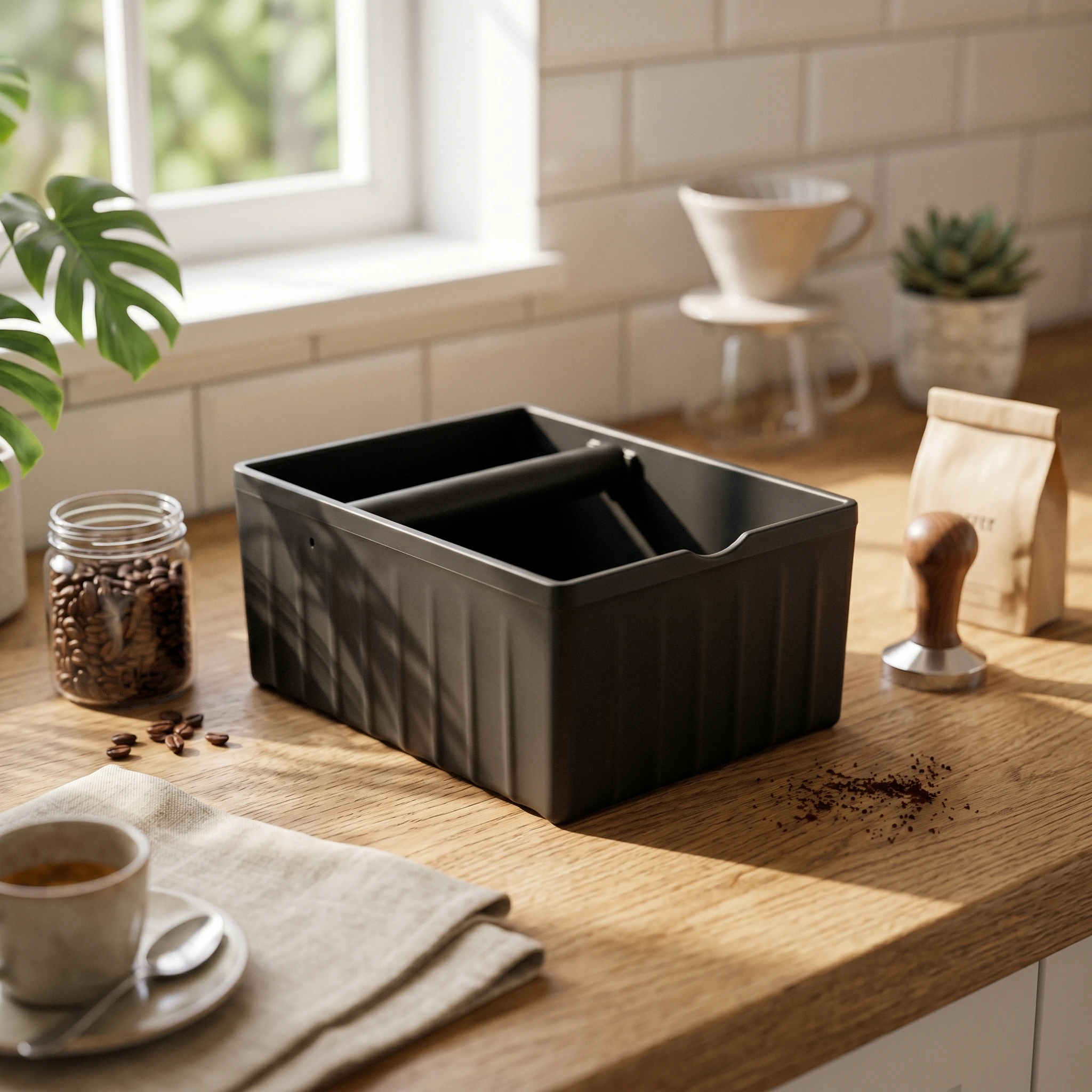 Espresso Knock Box Ribbed Coffee Grounds Container Coffee Puck Container exposedTop Kitchen Tool Non-Slip Base