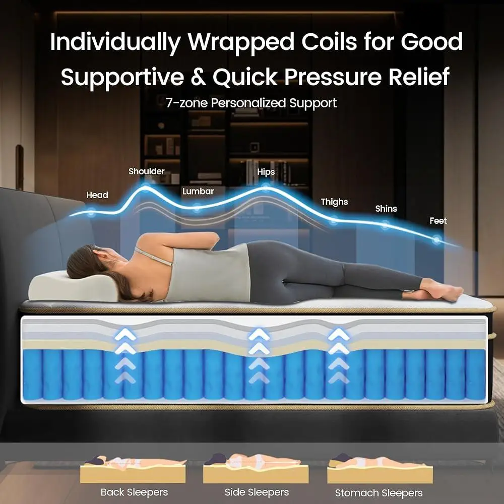 Queen Size Hybrid Mattress 14 Inch Medium Firm Gel Memory Foam Springs Pocket Coils Bed in a Box Pressure Relief Supportive