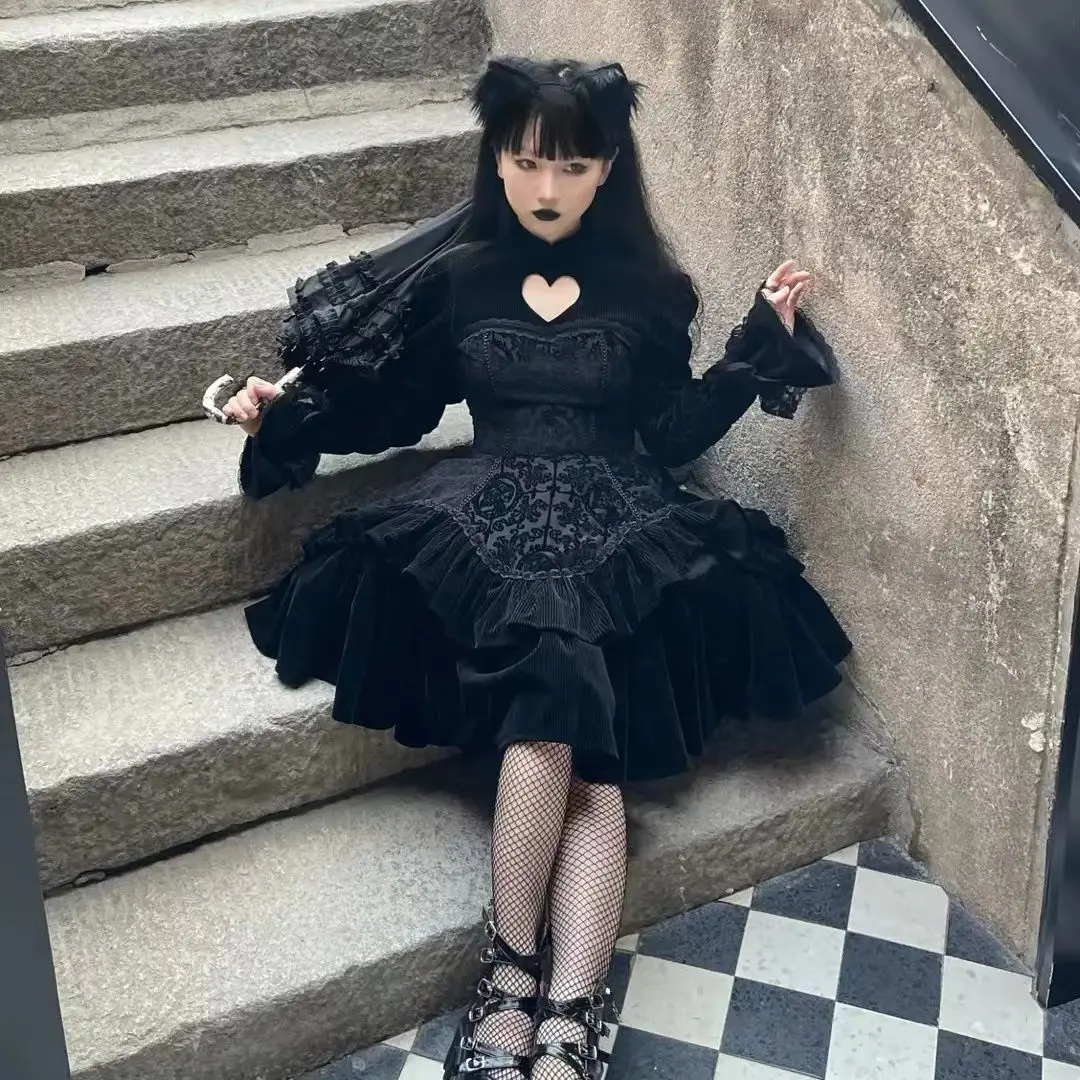 Vestido lolita estilo gótico para mulheres, preto, lolita, estilo chinês, comprimento total, princesa, escuro, diário, novo, inverno