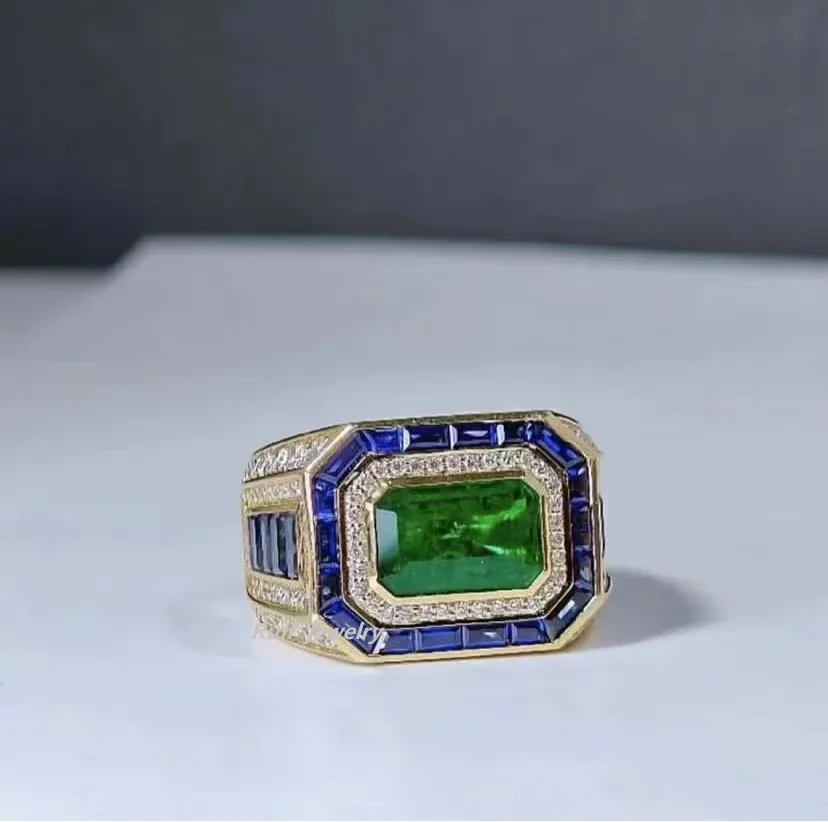 Ruif Customization Luxury 18k Gold 5ct Lab Grown Emerald with Lab Sapphire  Rings for Men High Fine Jewelry