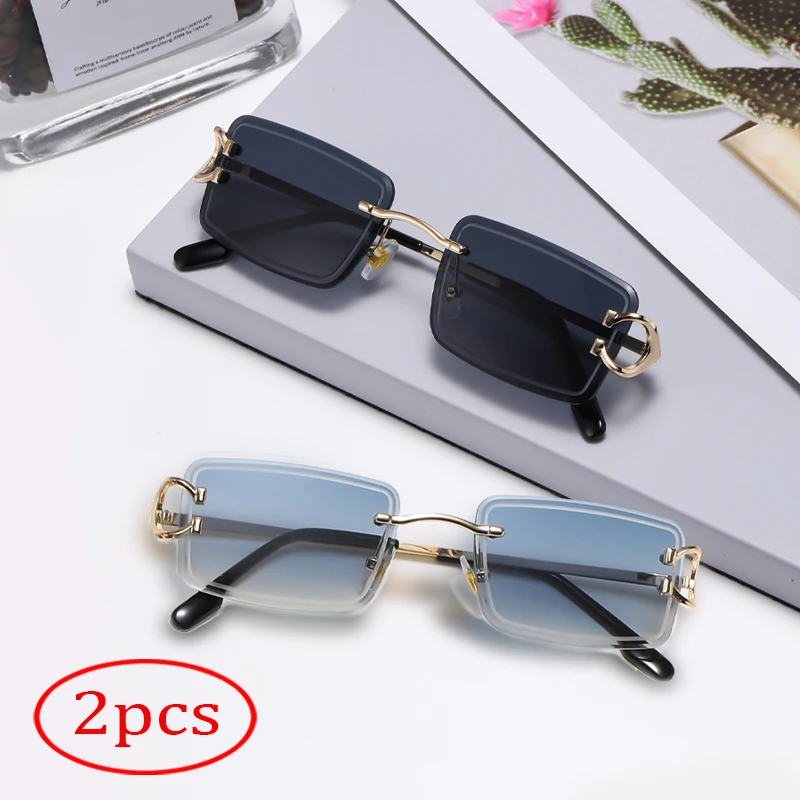

2pcs Combination Metal Frameless 2.5mm Lens Thickness Premium UV400 Men And Women Square Sunglasses Color Fashion Travel Glasses