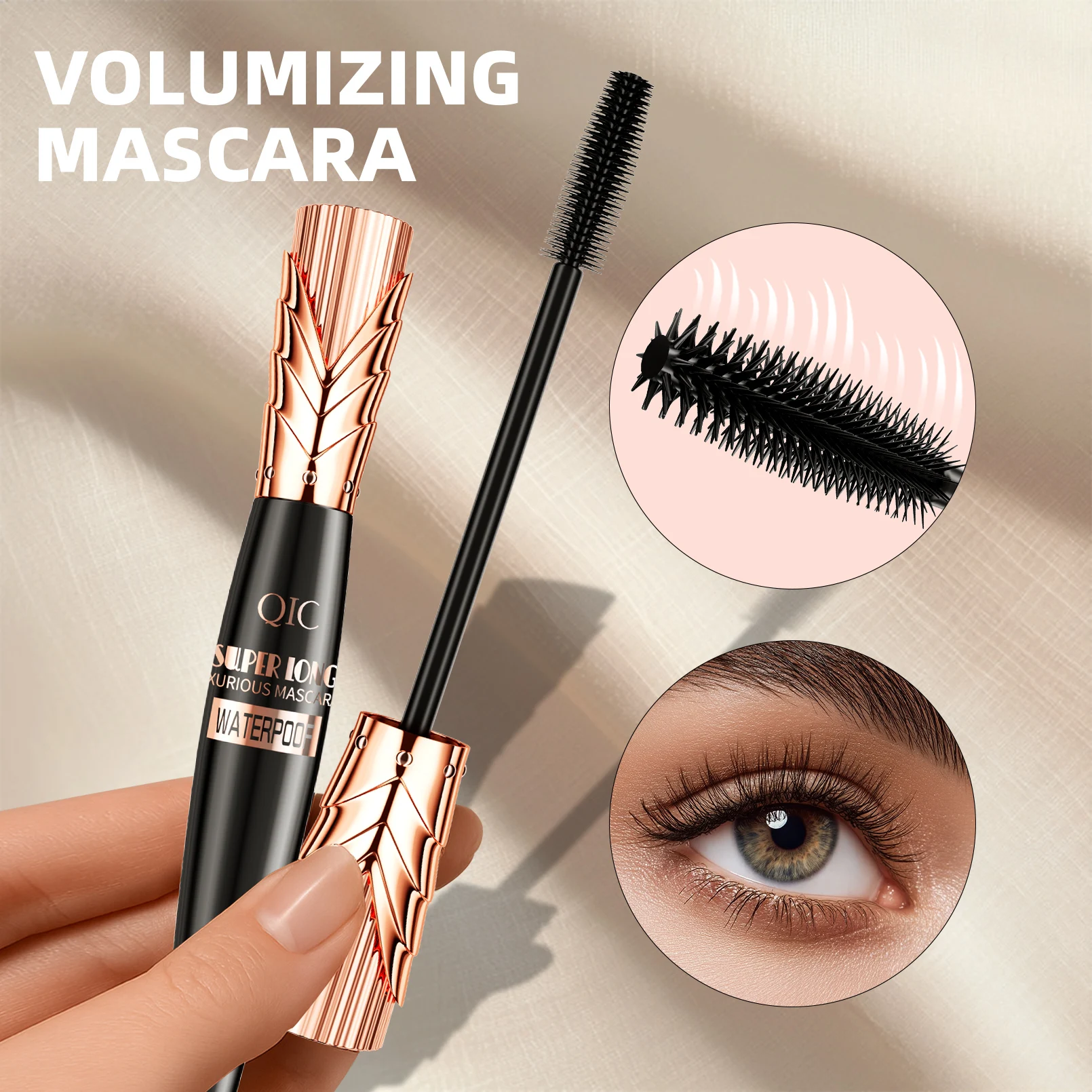 QIC Mascara 4D impermeabile Spessa lunga a prova di sbavature Carnoso crittografato Arricciatura a lunga durata Strumenti per il trucco degli occhi grandi