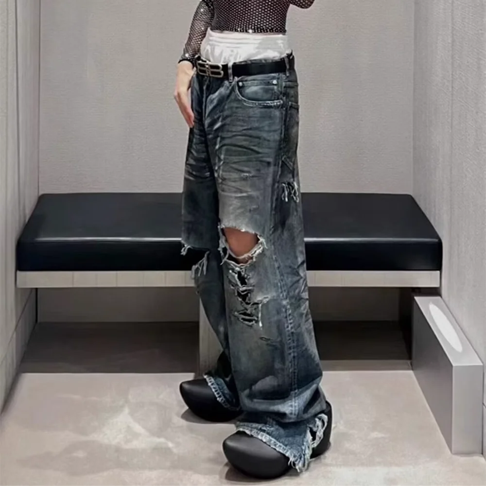 Ausgefranste beschädigte Loch Baggy Jeans mit weitem Bein für Männer und Frauen Streetwear Casual Ropa Hombre Jeans hose übergroße Cargo hose