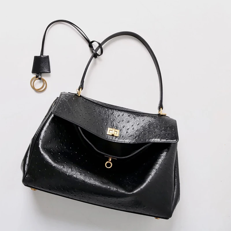 Brand Design Genuine Leather Large Capacity Women's Shoulder Bag New Ostrich Pattern Handbag Metal Buckle Flap Crossbody Bag