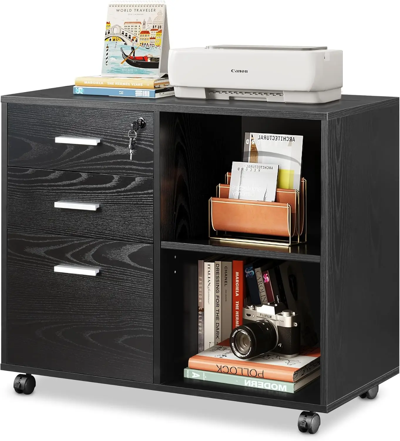 3-Drawer Wood File Cabinet with Lock, Mobile Lateral Filing Cabinet, Black