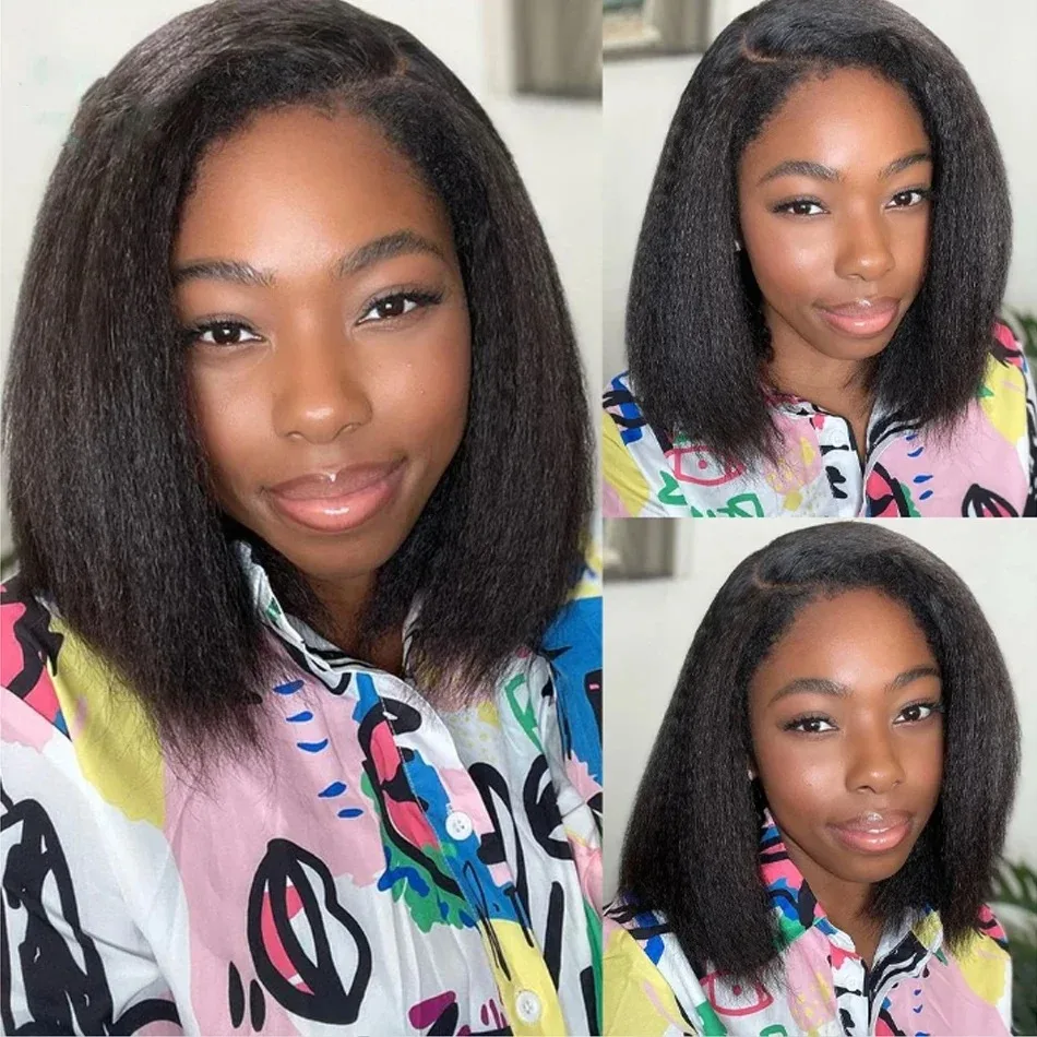 Yaki-Peluca de cabello humano liso para mujer, postizo de encaje de 6x4, sin pegamento pelo rizado, corte Bob, 100%
