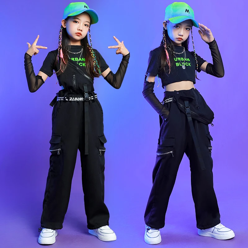 Tanktops Overalls Hosen für Mädchen Jazz Dance Streetwear Kostüme Kinder Punk Hip Hop Kleidung Kpop Outfits T-Shirt mit Handschuhen