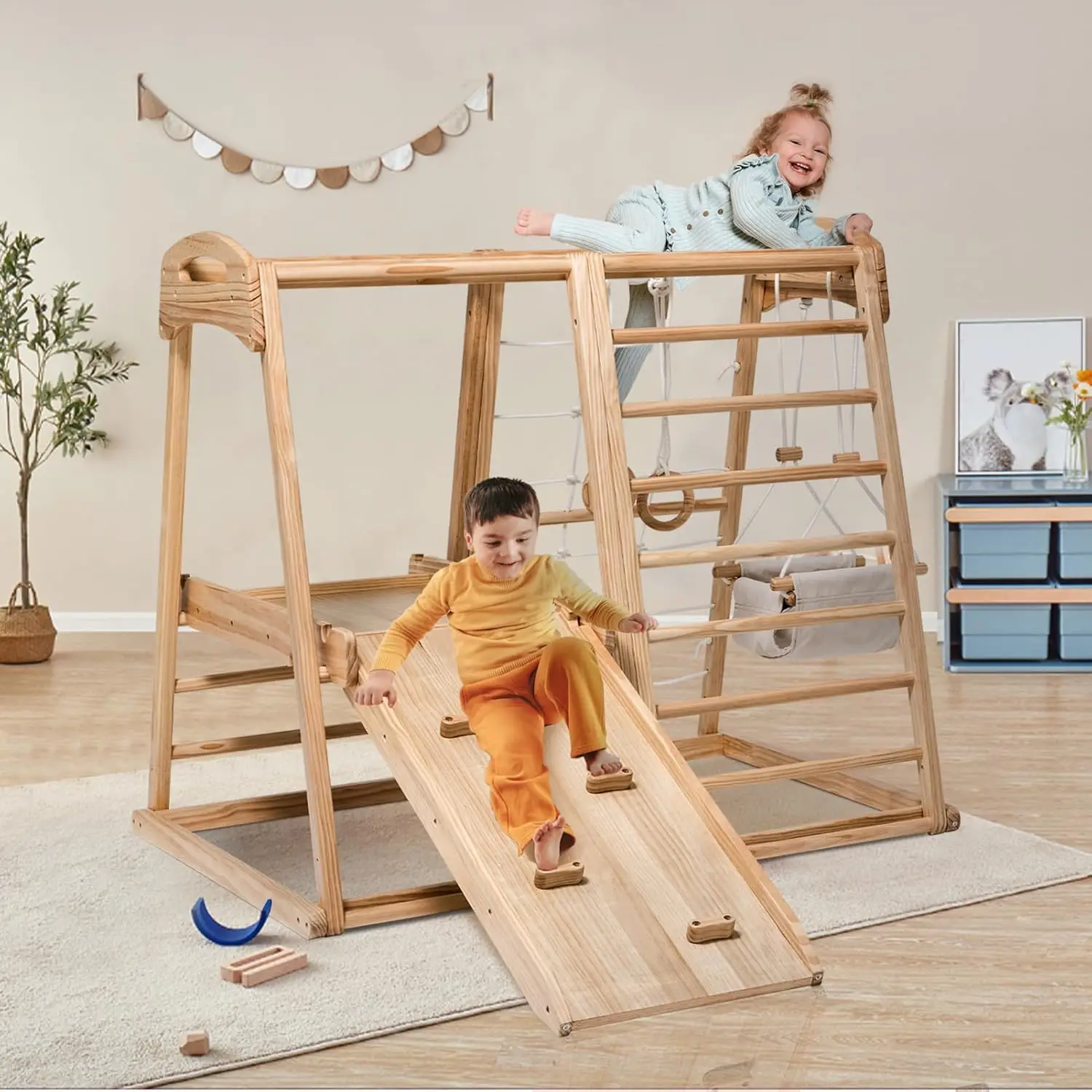 

Magnolia Indoor Playground 8-in-1 Jungle Gym Montessori Waldorf Style Wooden Climber Playset Slide, Climbing Rock and net, Crawl