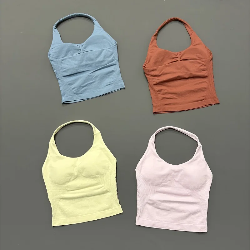 Halter Yoga Tank Top Women Sexy Seamless Strappy Backless Slim Fit Padded Breathable Gym Fitness Running Workout Sports Tops