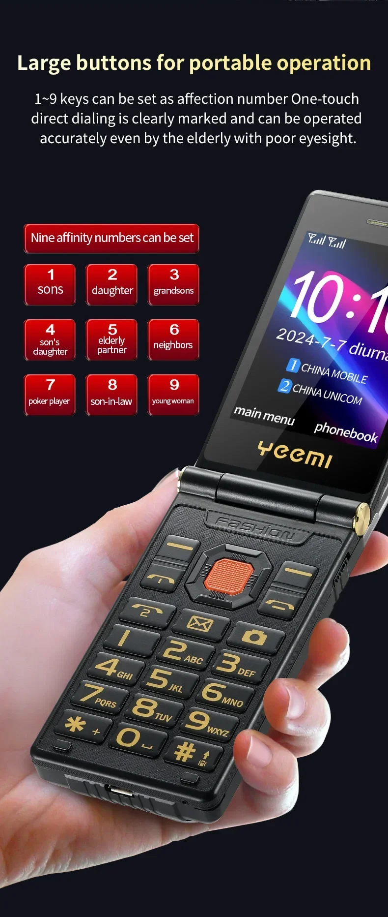 YeeMI M7+ 4G Rugged Feature Phone Big Button Full Band Flip Phone Dual SIM Dual Screen Cellphone For Old Man 6800mAh Big Battery