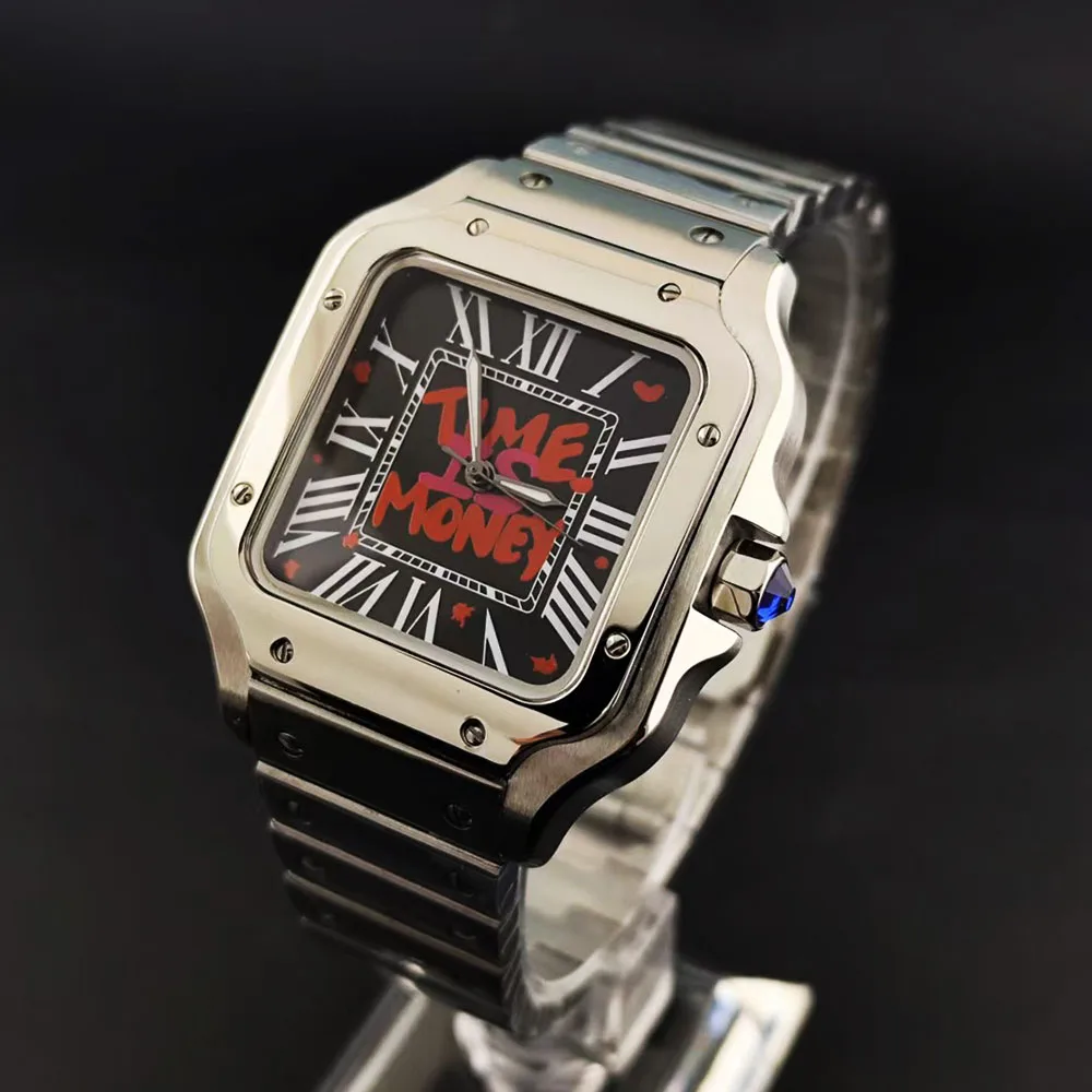 ساعة NH35 وقت المال ساعة فضية/أسود للرجال ساعة أوتوماتيكية من الفولاذ المقاوم للصدأ زجاج الياقوت NH35 ساعة يد تعمل بالحركة