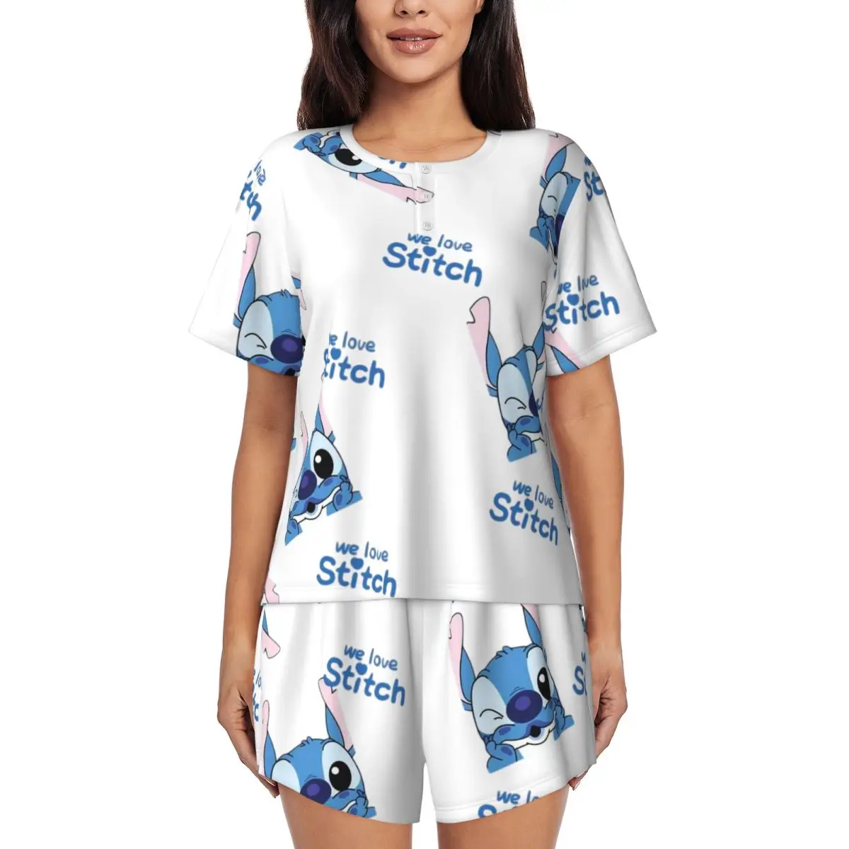 

Пижамный комплект Lilo Stitch с рисунком аниме-манги, женская одежда для сна с короткими рукавами, домашняя одежда, комплект из 2 предметов, пижамы