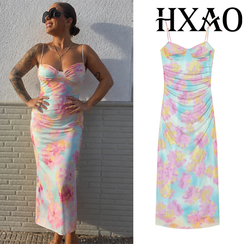 HXAO Mesh-Blumenkleid für Damen, ärmellos, mit Aufdruck, Partykleider, Sommerkleid, gerüscht, langes Kleid, rückenfrei, Strandkleid aus Tüll
