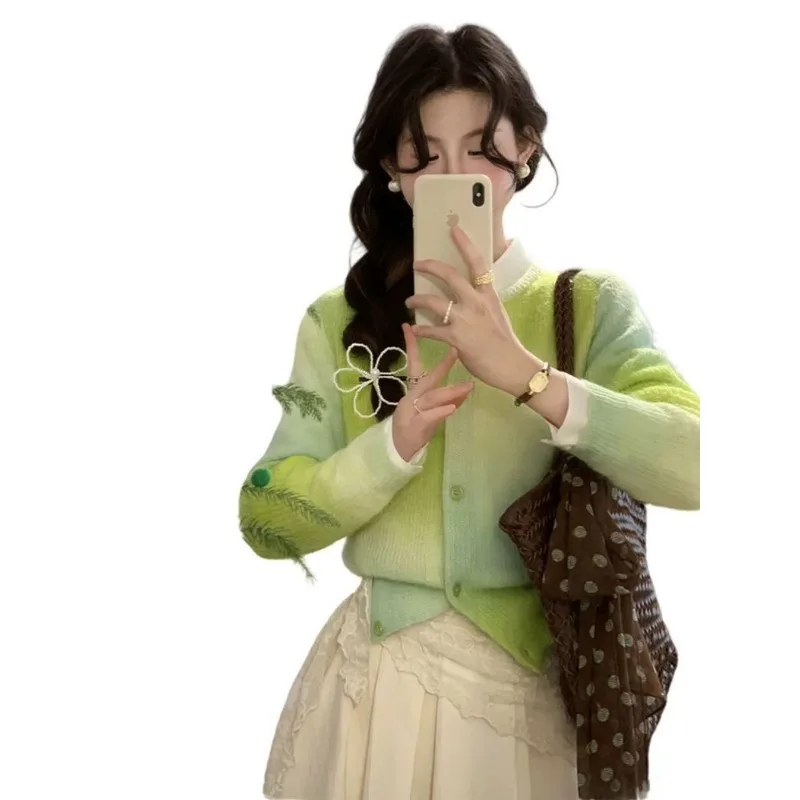 Women Sweet Style Spring Knit Cardigan Gradient Color Round Neck Long Sleeve Casual Versatile Top