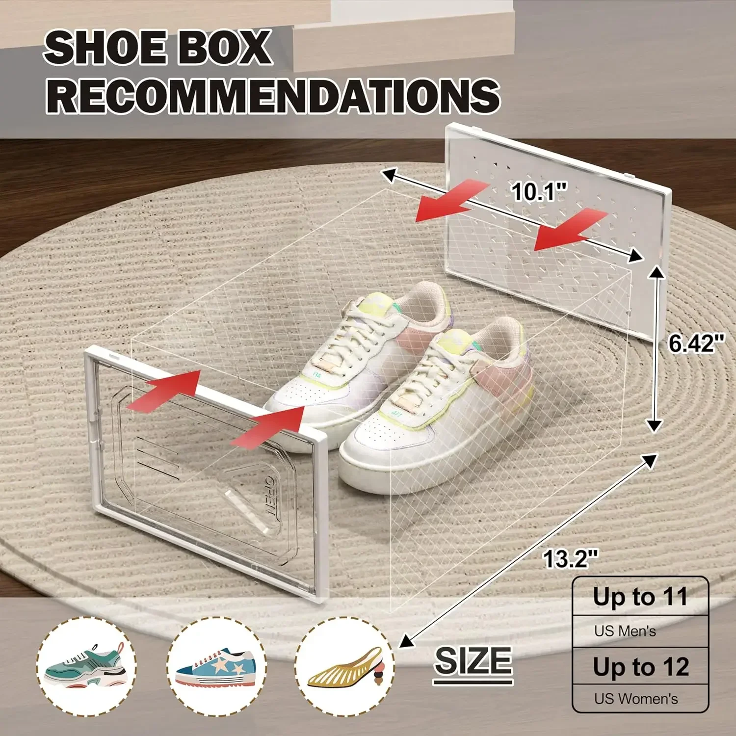 12 Pack Shoe Storage Organizer Boxes, Boxes Clear Plastic Stackable Organizer for Closet, Plastic Shoe Boxes with Lids