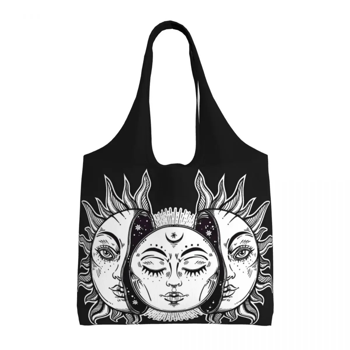 Custom Kawaii Vintage Retro Sun And Moon Solar Eclipse Classic Shopping Tote Bag Recycling Grocery Canvas Shopper Shoulder Bag