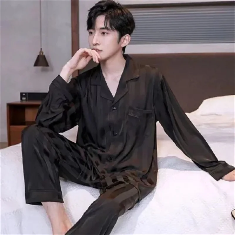 

Jacquard Pajama Sets Men Satin Silky Print Sleepwear Man Long Sleeve Shirt Trousers Home Suit Korean Smart Cuasal Loungewear