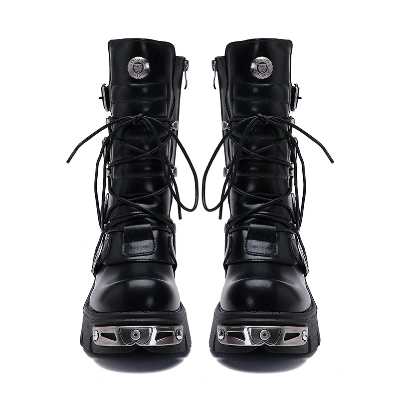 

New Couple Retro Casual High Boots High Quality Punk Women's and Men's Thick Soled Lace-up Metal Motorcycle Boots Women's Boots
