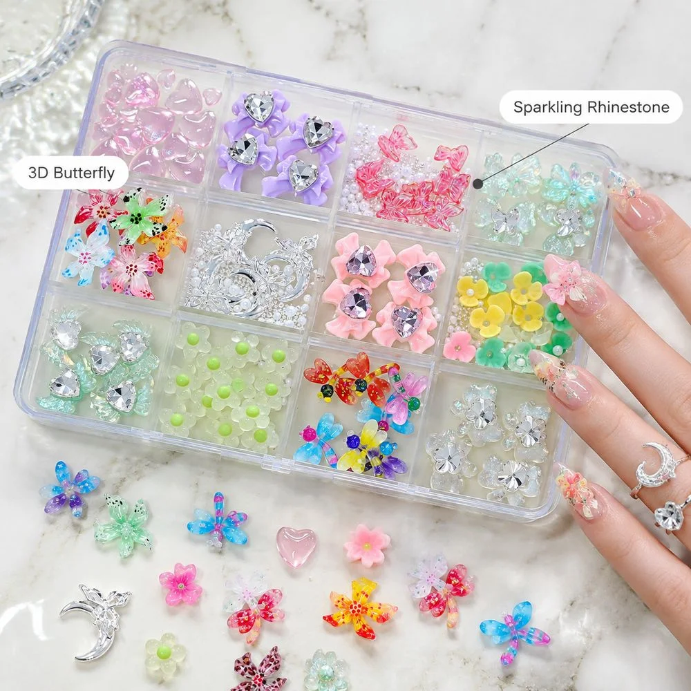 12Grids 3D Cute Resin Nail Charms Butterfly Flower Moon Inlaid Crystal Handmade Acrylic Nail Jewelry Decor