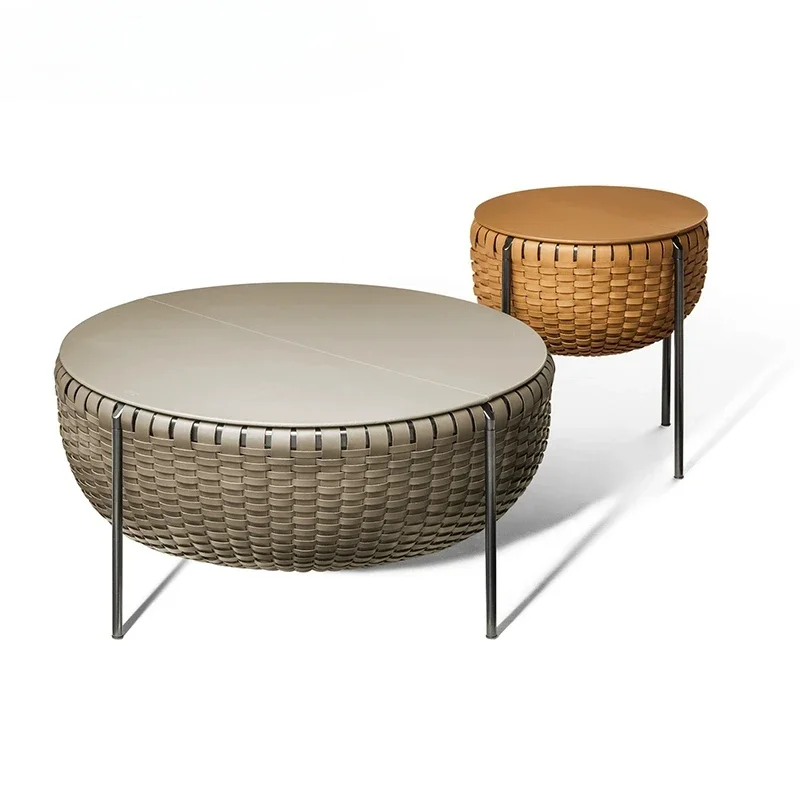 Italian minimalist, round coffee table, saddle leather modern creativity, tea table, designer weaving process