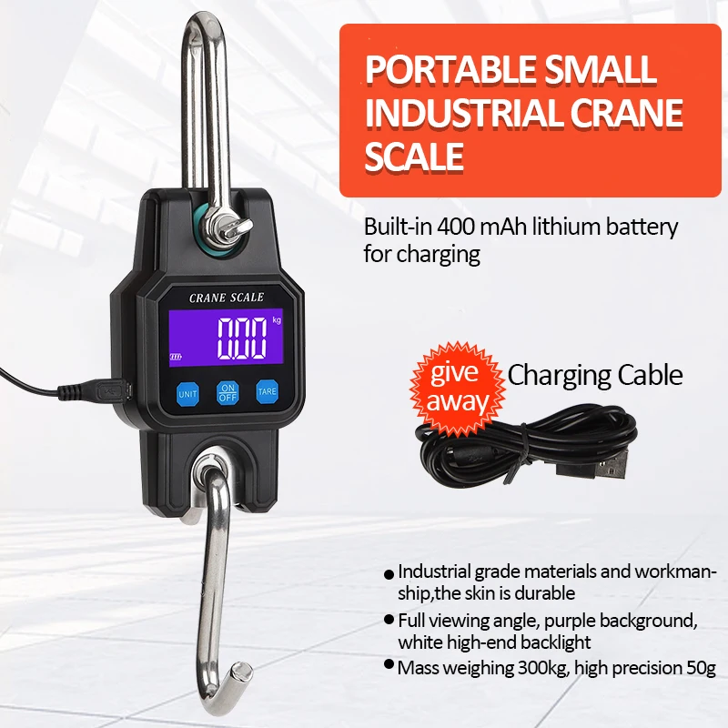 300kg Digital Hanging Scale Rechargeable Portable Heavy Duty Crane Scale Stainless Steel Hook Scale Weight Balance Luggage Scale