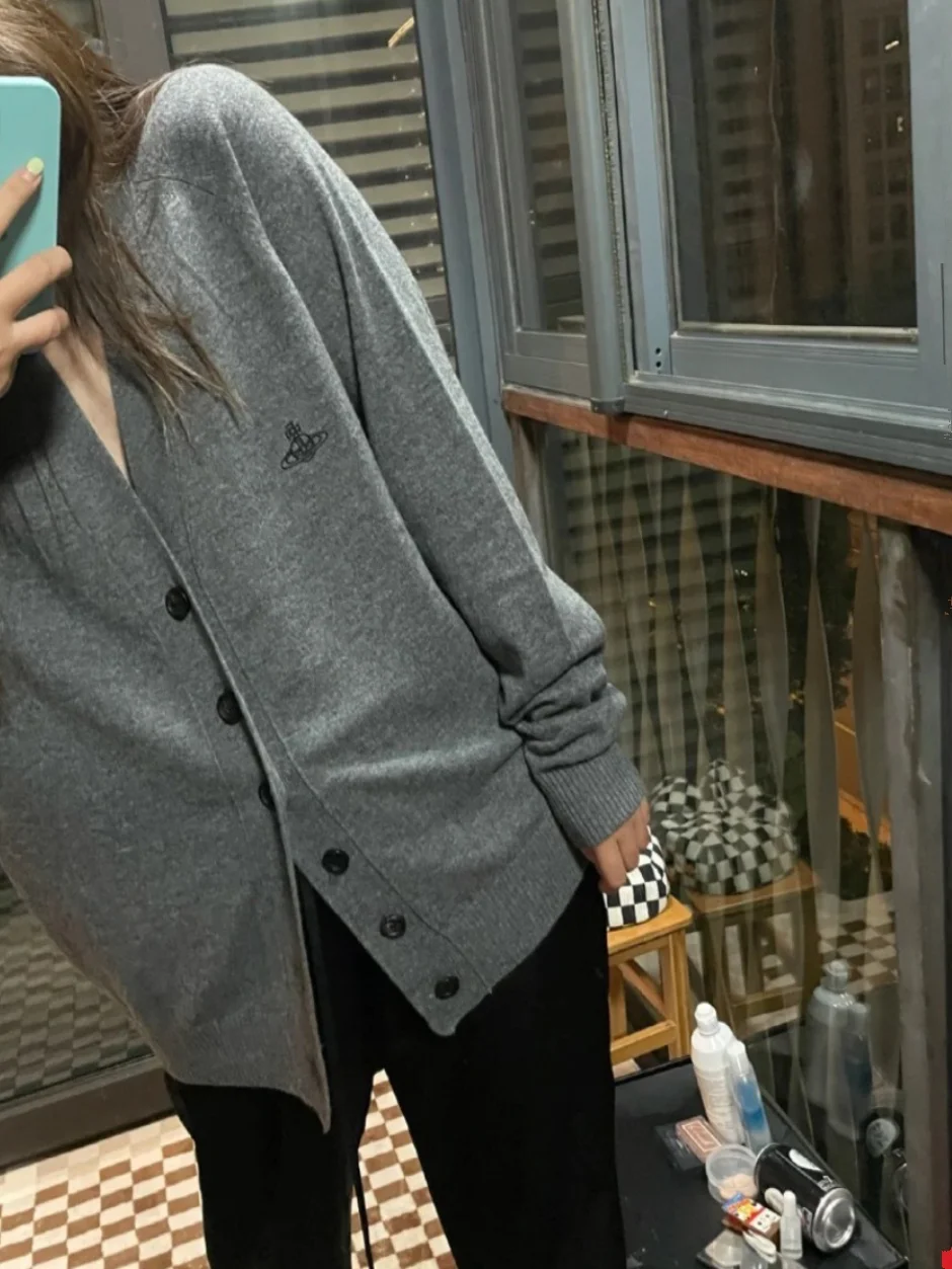 

Простой открытый кардиган из чистой шерсти с вышивкой, свитер, верхняя одежда, длинный свек на пуговицах с v-образным вырезом, весна 2023, свободный крой