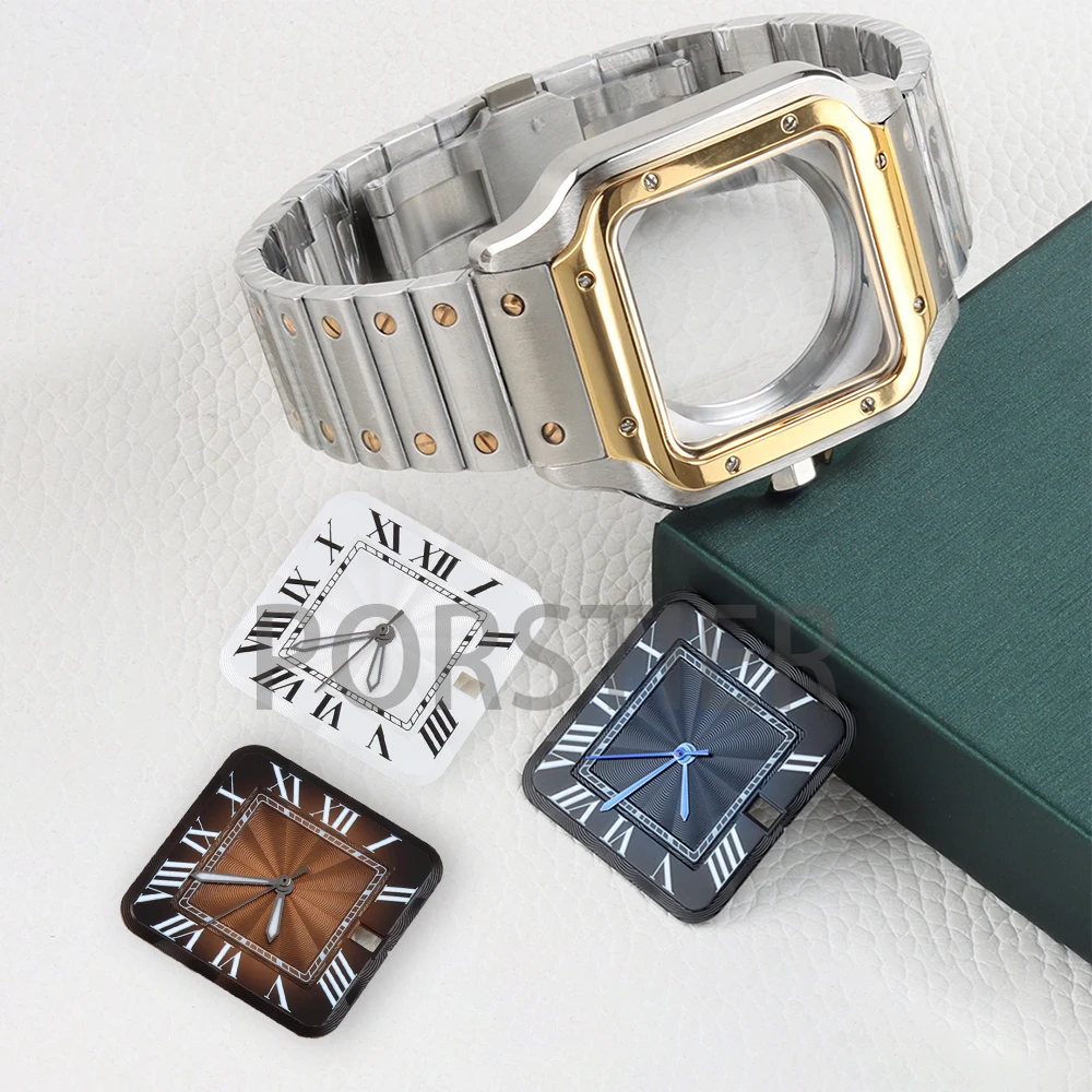 38mm NH35 Watch Case Stainless Steel for Santos NH35 NH336 NH38 Movement 27mm Dial Hands Square Roman Dial Watch Accessories