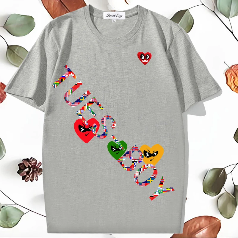 

National Flag Oblique Tues-Boy Face Heart Print Women T-shirt Red Eye Beard Heart Embroidery Cotton O-neck Short-sleeved Fit Tee