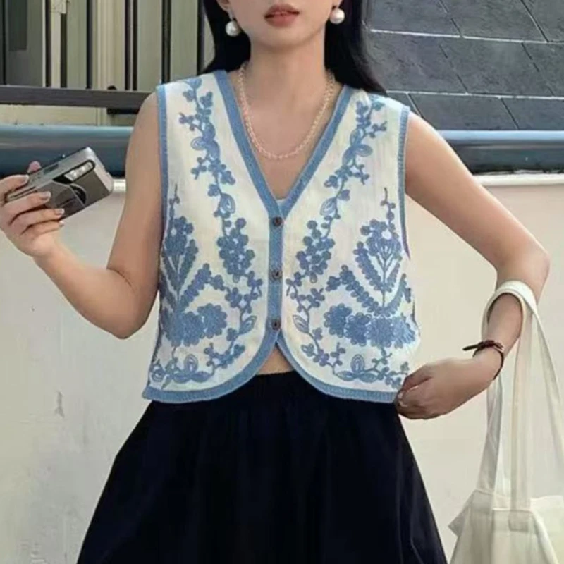 

Embroidered Vest Women Floral Crochet Vest Jacket Open Knit Sleeveless Button Up Crop Top Summer Boho Vacation Outfit