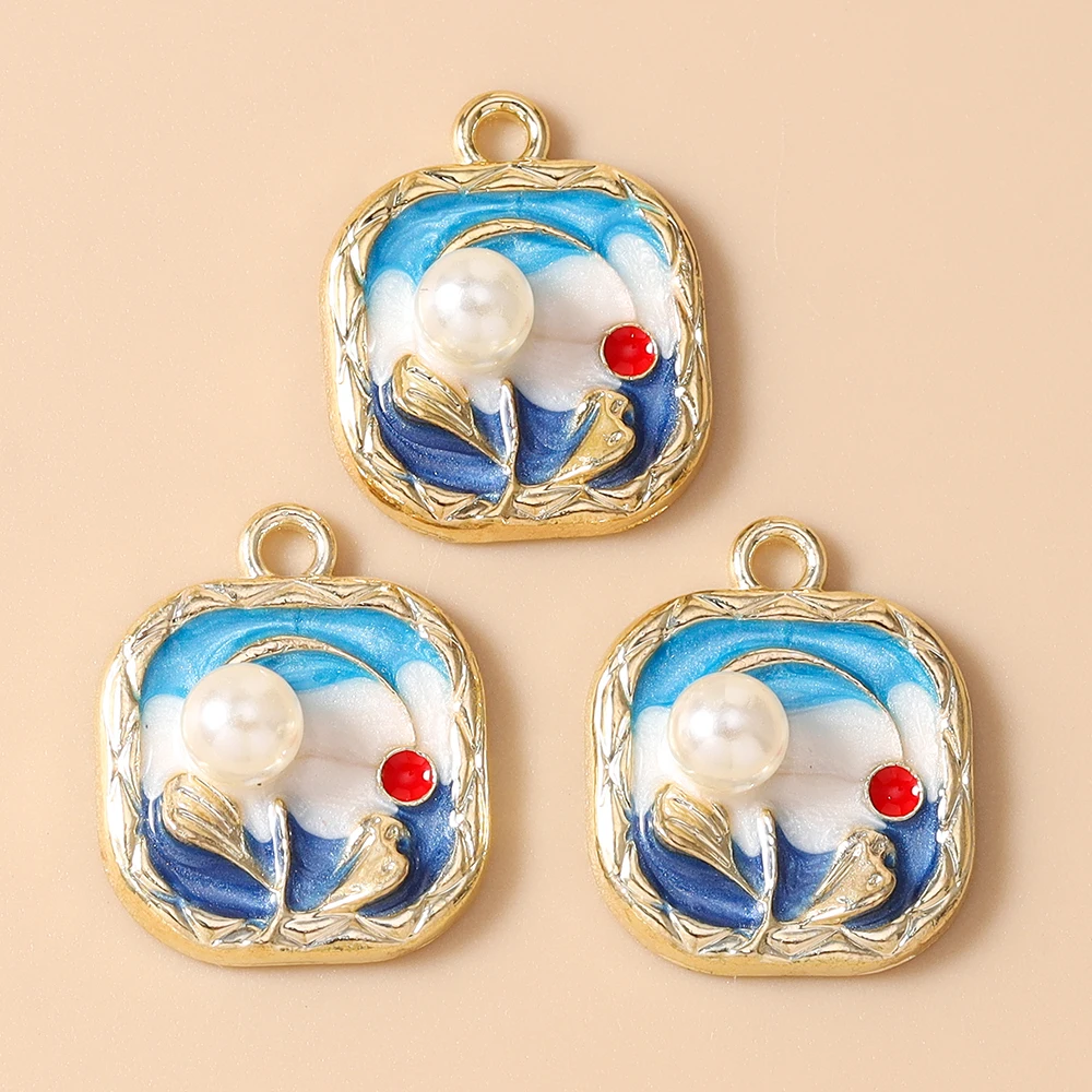 Leslie 10 Stück Retro Goldfarbene Ölgemälde-Perlenblumen-Anhänger für DIY Ohrringe, Halsketten, Handgemachter Schmuckherstellung – Detail 5