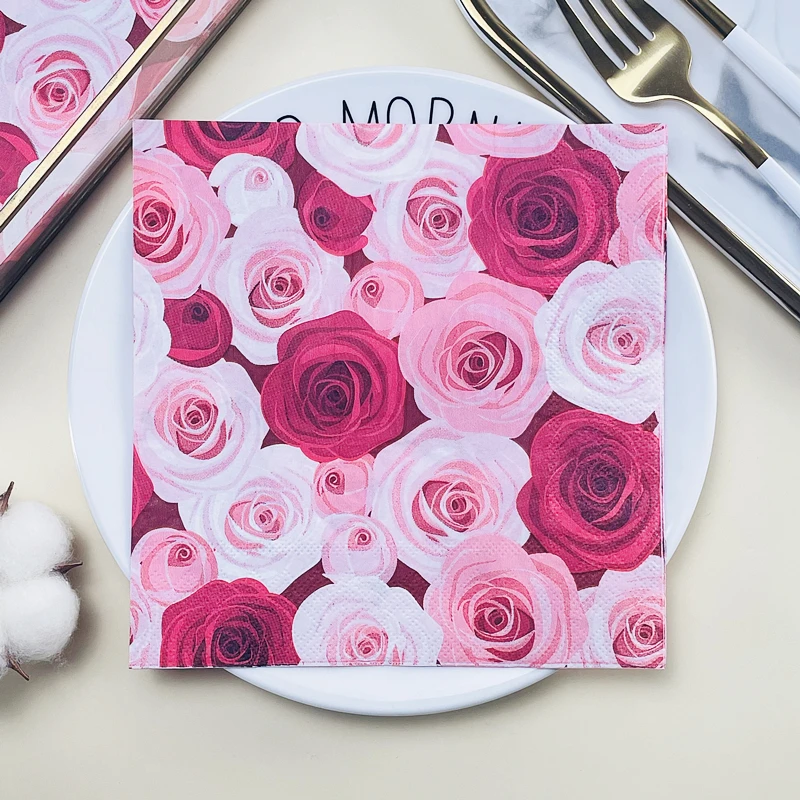 Printed Napkins Square Napkins Restaurant Hotel Red Rose Wedding Party Cup Flower Paper Pink Flower Coloured Tissue Paper 20pcs