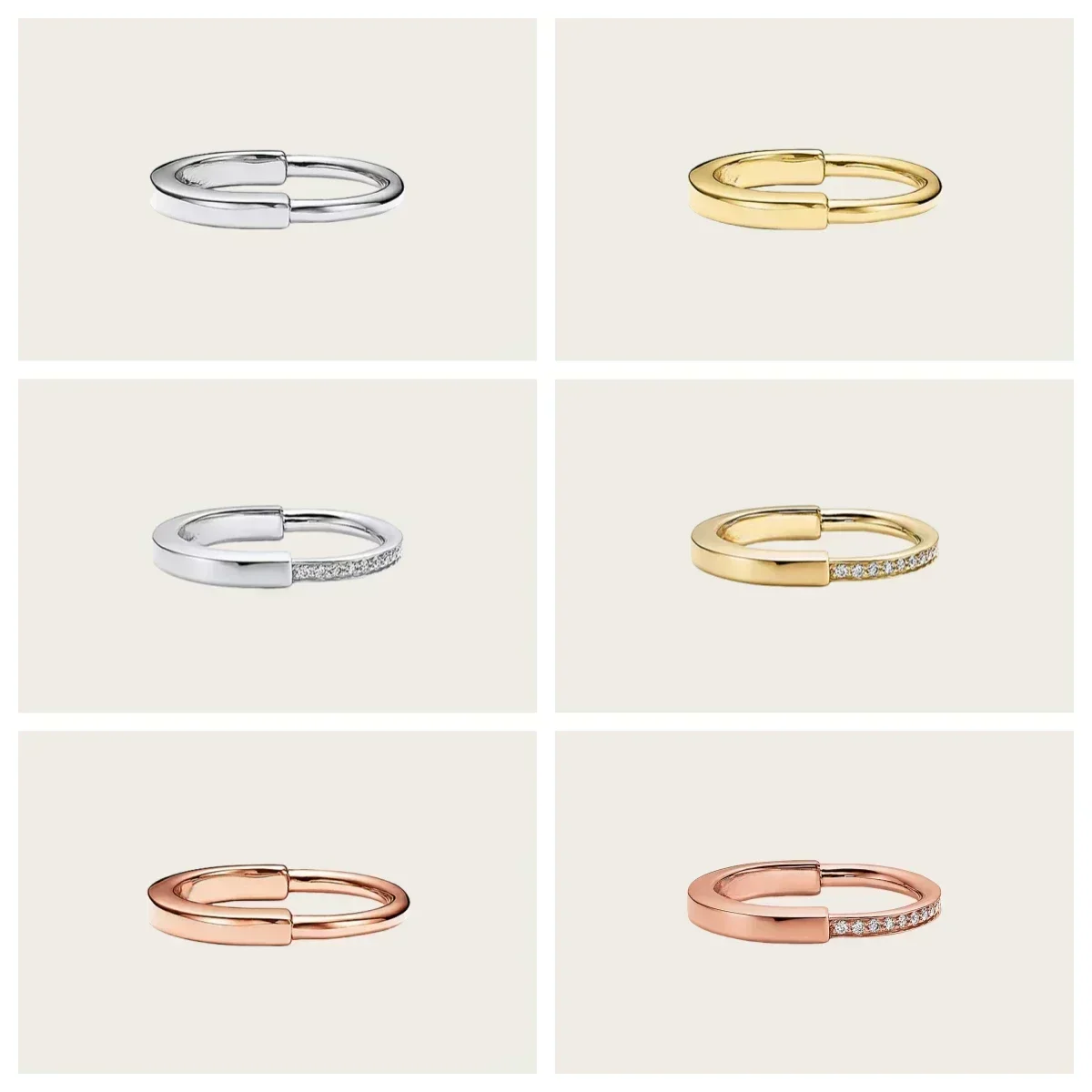 

S925 Sterling Silver T Home U-Shaped Lock Ring, Half Full Diamond, High-End Couples Ring for Men & Women