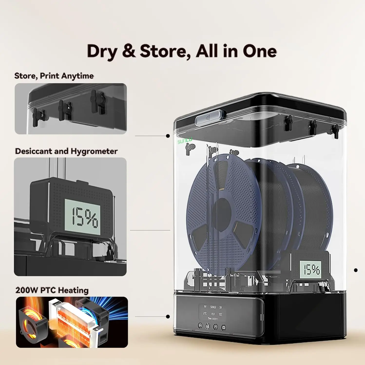 SUNLU Official SP2 Filament Dryer Box Szybkie Nagrzewanie do 70°C w 15min Duża Pojemność Pasuje do Szpuli Filamentu 0.25-3KG Pudełko do Przechowywania Szybka Wysyłka