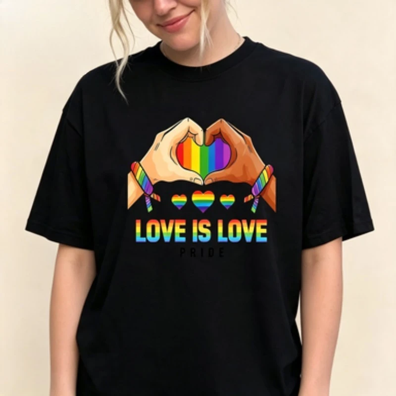 Women Cotton T-Shirt Love Is Love Pride Graphic Tee Rainbow Heart Hand Gesture LGBT Equality Summer Casual Crew Neck Tops