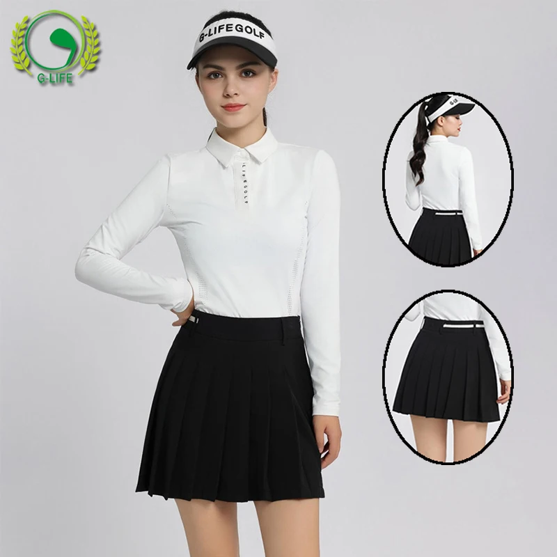 G-LIFE Golf Women Apparel Solid Long Sleeve Polo Top New Pleated Skirt Quick-drying Sports Shirts Female Tennis Skort with Short