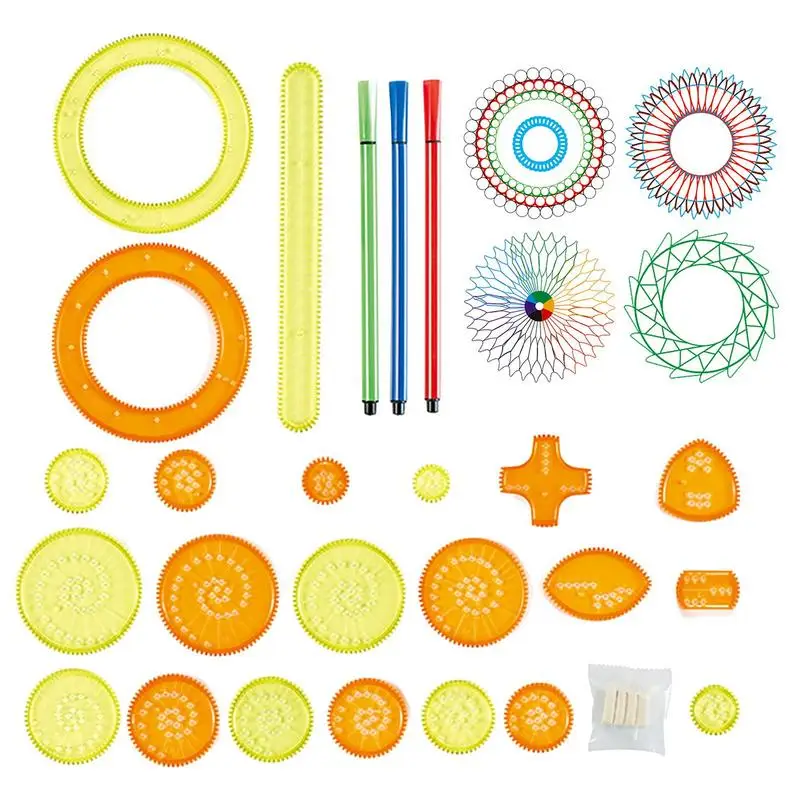 27pcs SpirographDrawing Toys Set Interlocking Gears & Wheels Geometric Ruler Drawing Accessories Creative Educational Kids Toy