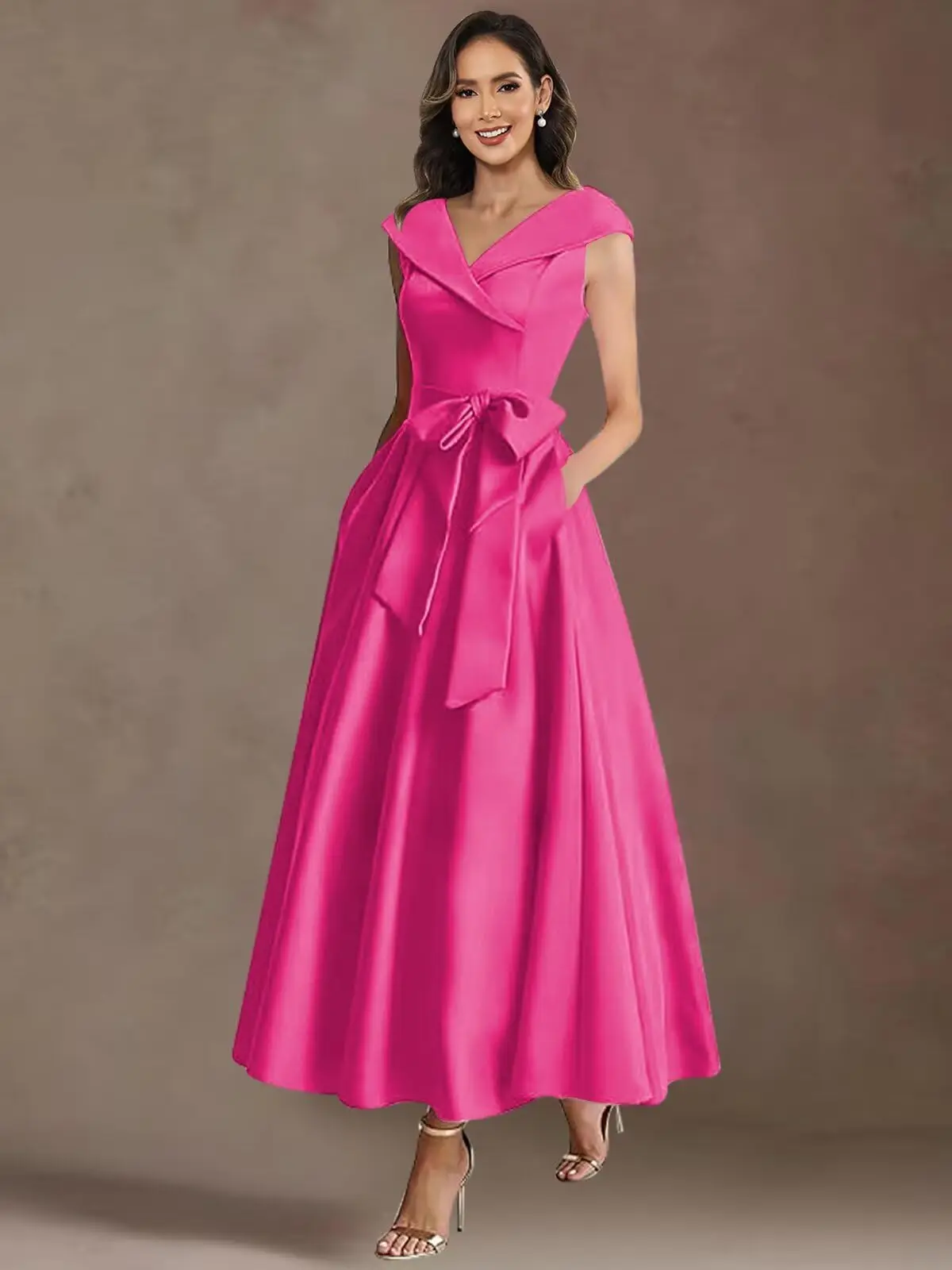 

Satin V Neck Mother of The Bride Dresses for Women Long A Line Bow Formal Evening Dresses with Pockets