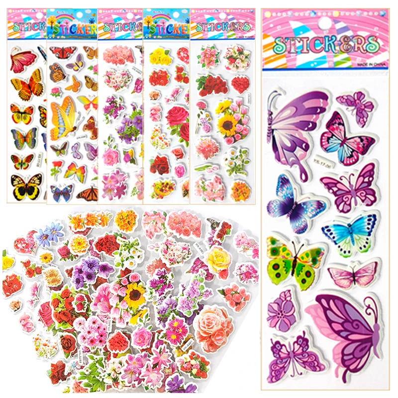6 uds/12 Uds pegatinas hinchadas 3D patrón mixto mariposa flor regalos para niños niñas decoración de álbum de recortes pegatinas de recompensa a granel ZYF