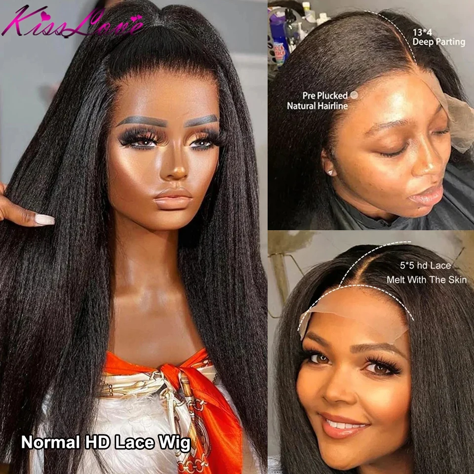 KissLove-Kinky Straight Lace Front Wig, Pré-Arrancado Cabelo Humano, Pronto para Vestir, HD Lace Frontal Perucas, Yaki, 13x4