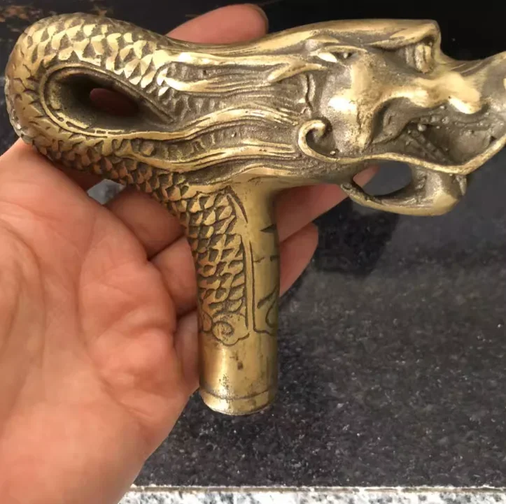 Chinese Brass Copper Hand Carved Cane Walking Stick Head Handle Dragon Statue