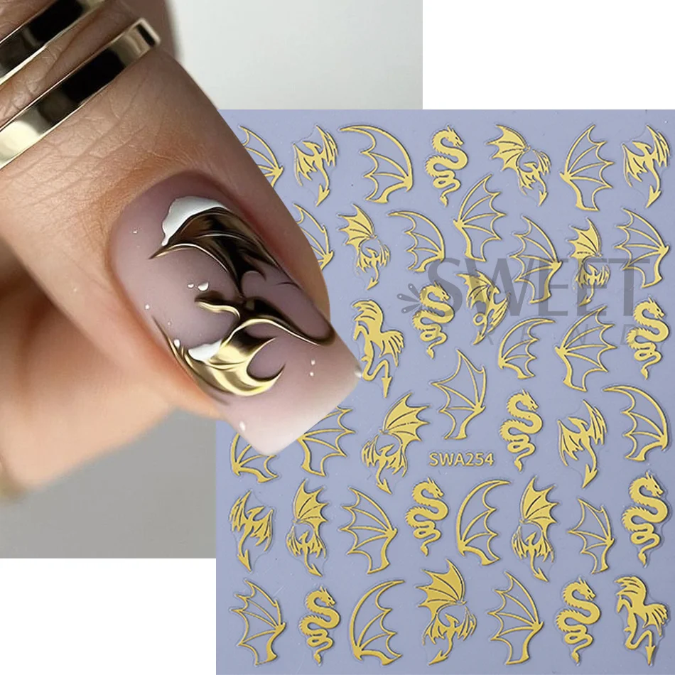 3/5pcs Devil Dragon Wing Nail Art Stickers Gold Metal Laser Slider Decals Gothic Snake Wing DIY Halloween Manicure Decorations