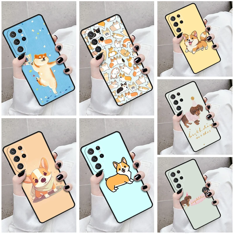 Phone Case For Samsung Galaxy S24 S23 S21fe S22 Ultra Plus Note 10 20 S8 S9 S10 Cover Cheerful Corgi Puppy