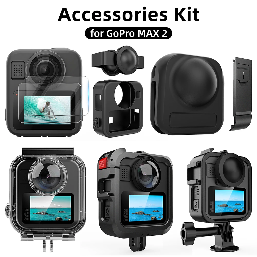 

For GoPro MAX 2 Screen Protector Glass,Lens Cap, Silicone Case, Frame Cage, Underwater Dive Case - for MAX2 Accessories Kit