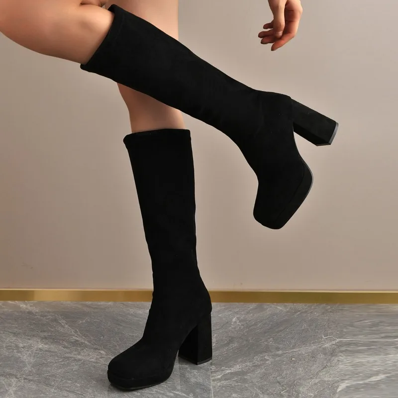 

Black pointed-toe Long boots 2025 winter new style high-heel stretch boots thick heel and knee-length women's boots size 35-42