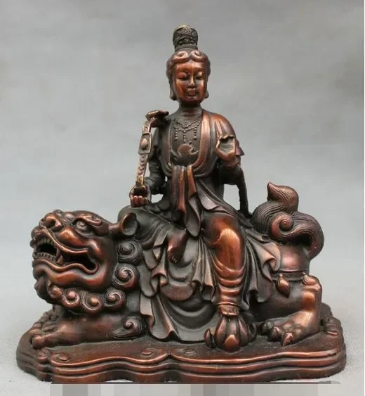 Chinese Pure Bronze Buddhist Lotus RuYi PuXian Kwan-yin GuanYin Ride Lion Statue