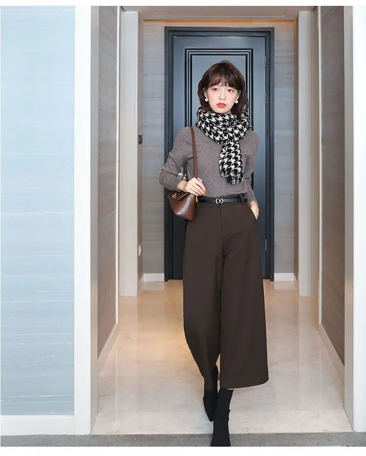 Wool Temperament BootPants Women's Autumn and Winter Wide-LegPants Slimming High WaistStraightCroppedPants CasualPants with Belt